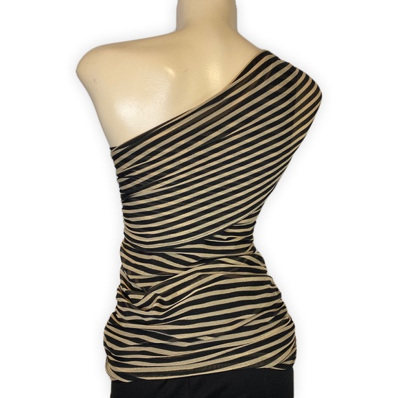 Womens Beige & Black Striped ONE SHOULDER BLOUSE TOP SHIRT ā¢XSmall - Picture 3 of 7